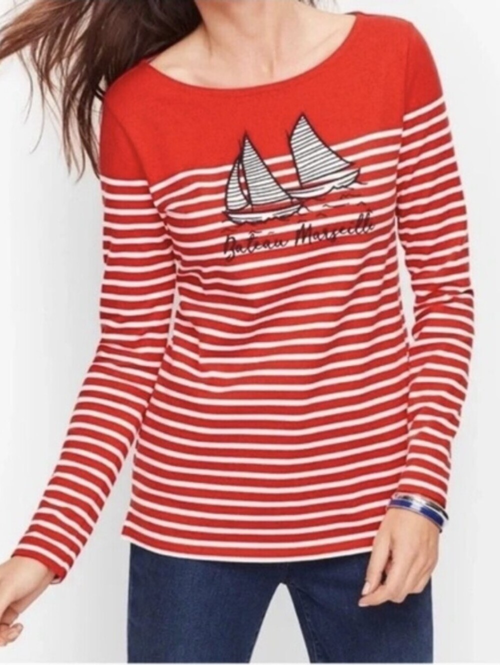 Talbots Bateau Marseille Nautical Red and White Striped Long Sleeve Sailboat Tee